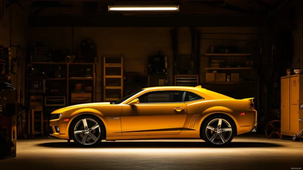 A Camaro with an aggressive stance parked in a garage with dim lighting.