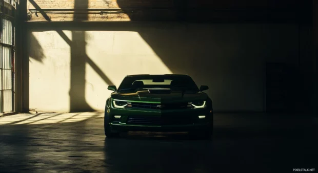 A Camaro with an aggressive stance parked in a garage with dim lighting.