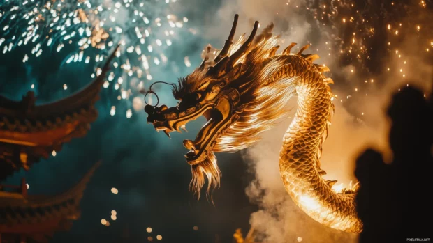 A Chinese Dragon dancing in the night sky above a traditional temple.