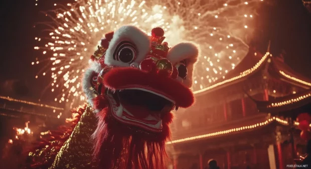 A Chinese Dragon dancing in the night sky above a traditional temple, fireworks exploding in the background.