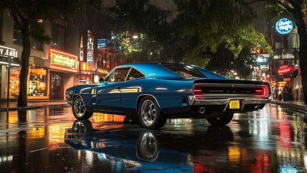 A Dodge Charger 92 HEMI in deep metallic blue, parked on a rain drenched street with reflections of city lights in the puddles.