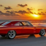 A Dodge Charger Daytona in red, cruising along a coastal road during golden hour, with the waves crashing in the background and the sun setting over the horizon.