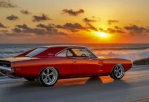 A Dodge Charger Daytona in red, cruising along a coastal road during golden hour, with the waves crashing in the background and the sun setting over the horizon.