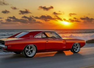 A Dodge Charger Daytona in red, cruising along a coastal road during golden hour, with the waves crashing in the background and the sun setting over the horizon.