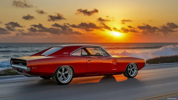 A Dodge Charger Daytona in red, cruising along a coastal road during golden hour, with the waves crashing in the background and the sun setting over the horizon.