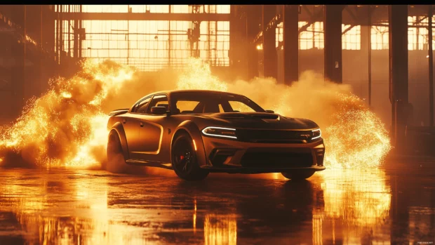 A Dodge Charger SRT Hellcat Redeye performing a burnout on an industrial backdrop, with smoke and sparks adding drama.