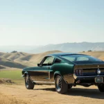 A Ford Mustang Bullitt in dark green, showcased in a scenic countryside setting with rolling hills and a clear blue sky .