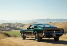 A Ford Mustang Bullitt in dark green, showcased in a scenic countryside setting with rolling hills and a clear blue sky .