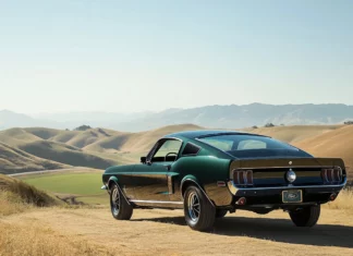 A Ford Mustang Bullitt in dark green, showcased in a scenic countryside setting with rolling hills and a clear blue sky .