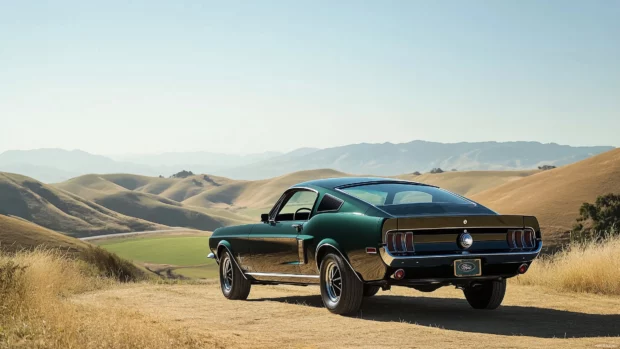 A Ford Mustang Bullitt in dark green, showcased in a scenic countryside setting with rolling hills and a clear blue sky .