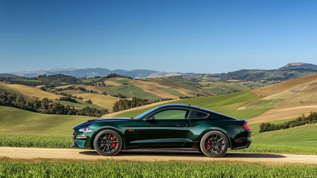 A Ford Mustang Bullitt in dark green, showcased in a scenic countryside setting with rolling hills and a clear blue sky.