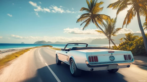 A Ford Mustang Convertible in classic white, driving along a coastal road with the ocean and palm trees in the background.