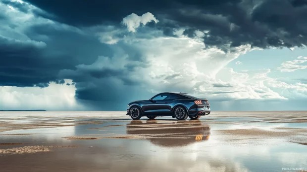 A Ford Mustang Mach 1 parked on a salt flat.