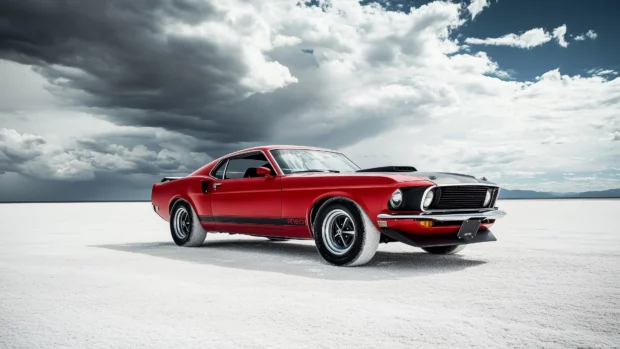 A Ford Mustang Mach 1 parked on a salt flat with storm clouds brewing in the background.