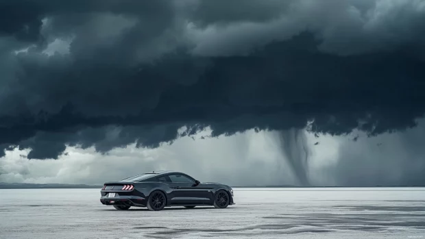 A Ford Mustang Mach 1 parked on a salt flat with storm clouds brewing in the background, creating a dramatic and powerful composition.