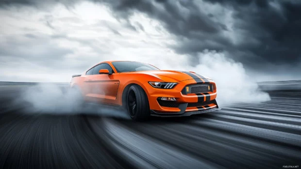 A Ford Mustang Shelby GT500 in fiery orange, drifting through a high speed corner with tire smoke and motion blur effects .