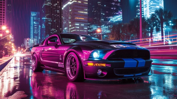 A Ford Mustang Shelby GT500 parked on a wet city street.