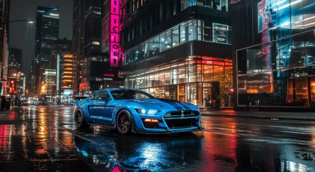 A Ford Mustang Shelby GT500 parked on a wet city street at night.