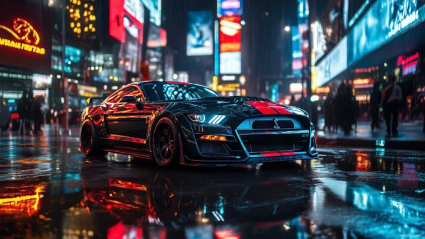 A Ford Mustang Shelby GT500 parked on a wet city street at night, reflecting neon lights from skyscrapers.