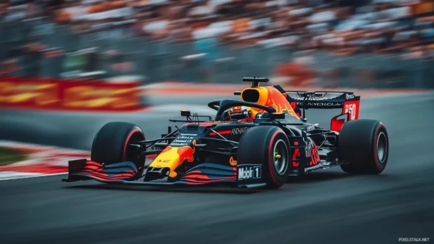 A Formula 1 race car speeding through the final lap of a Grand Prix, with the crowd blurred in the background.