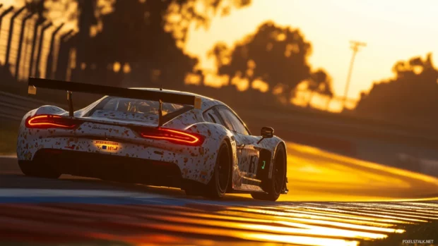 A GT race car zooming down a straightaway at sunrise, with the golden light reflecting off its aerodynamic body.