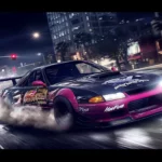 A JDM car drifting through a city intersection at night.