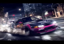 A JDM car drifting through a city intersection at night.