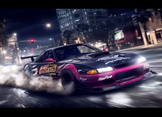 A JDM car drifting through a city intersection at night.