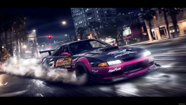 A JDM car drifting through a city intersection at night.