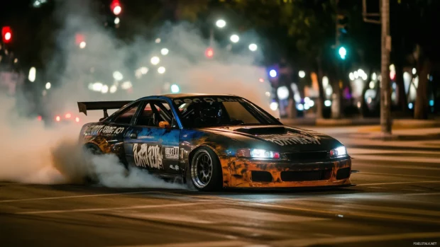 A JDM car drifting through a city intersection at night, with streetlights illuminating its sleek curves and smoke trailing from the tires.