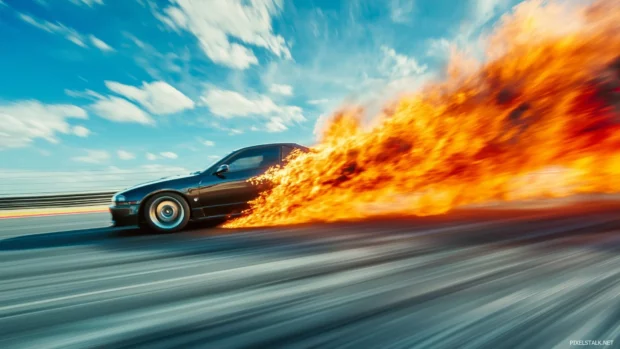 A JDM car on a race track, capturing the motion blur of its wheels.