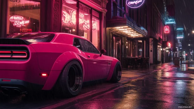 A JDM car with a lowered stance and wide tires, parked next to a neon lit diner on a rain soaked street.