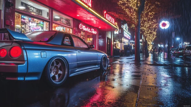 A JDM car with a lowered stance and wide tires, parked next to a neon lit diner on a rain soaked street, with reflections of city lights on the wet pavement.