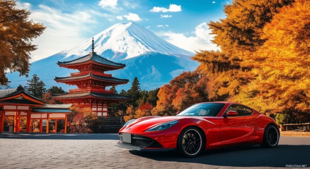 A Japanese sports car in vibrant red, parked in front of a traditional Japanese temple.