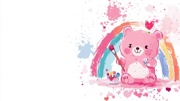 A Kawaii bear painting a colorful rainbow, with paint splatters and brushes scattered around.