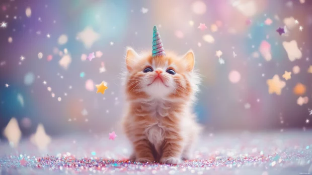 A Kawaii desktop background of a tiny kitten wearing a unicorn horn, surrounded by colorful stars and sparkles.