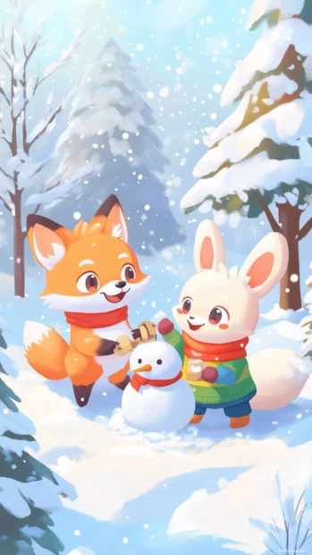 A Kawaii fox and rabbit building a snowman together in a winter wonderland, with snowy trees and colorful scarves.