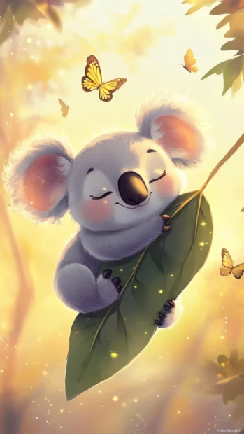 A Kawaii koala hugging a giant eucalyptus leaf, with little butterflies fluttering around and a sunny background.