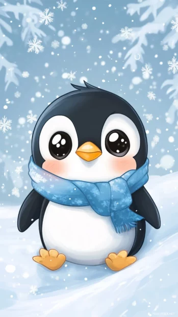 A Kawaii penguin sliding down an icy slope, with snowflakes falling and a cozy scarf wrapped around its neck.