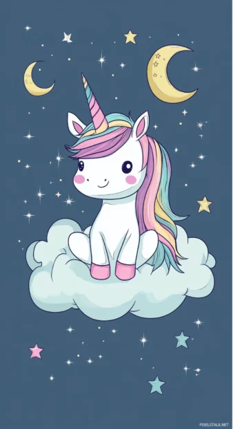 A Kawaii unicorn phone wallpaper with pastel rainbow mane, sitting on a fluffy cloud, surrounded by twinkling stars and moons.