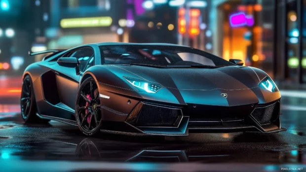 A Lamborghini Aventador in matte black parked beneath glowing city neon lights at night.