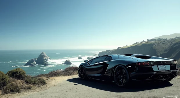 A Lamborghini Aventador parked on a cliffside overlooking the ocean, under a clear blue sky.