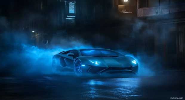 A Lamborghini Aventador with blue fire surrounding its tires.