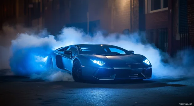 A Lamborghini Aventador with blue fire surrounding its tires, drifting through thick smoke in a dimly lit urban scene.