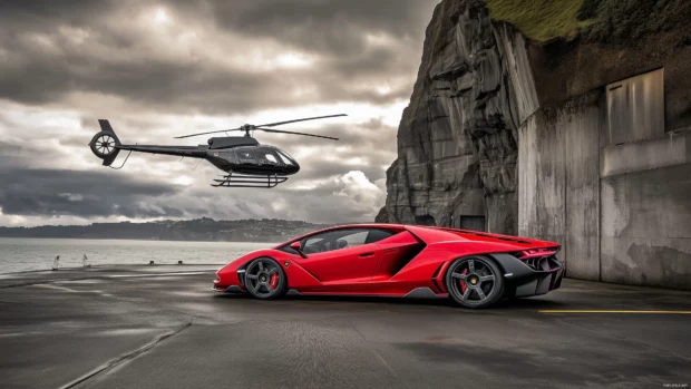 A Lamborghini Centenario in a vibrant red color parked at a modern helipad.