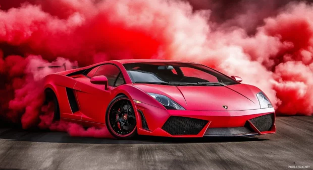 A Lamborghini Gallardo drifting at high speed, with glowing red fire trails and dense smoke filling the background.