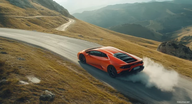 A Lamborghini Huracán Evo in bright orange, drifting through a winding mountain pass with tire smoke trailing .