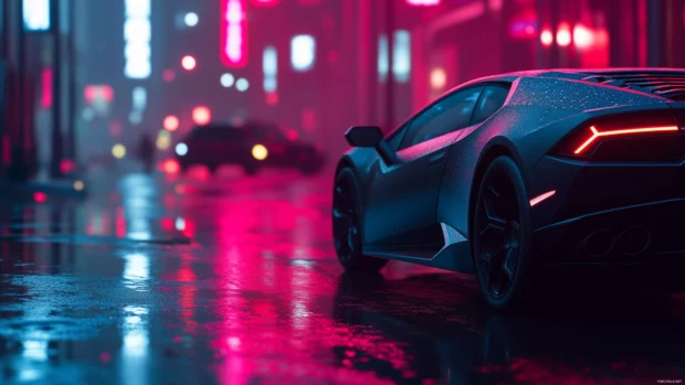 A Lamborghini Huracán in matte black parked under city lights.