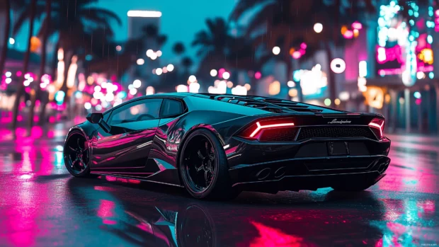 A Lamborghini Huracán in matte black parked under city lights, reflecting neon glows.