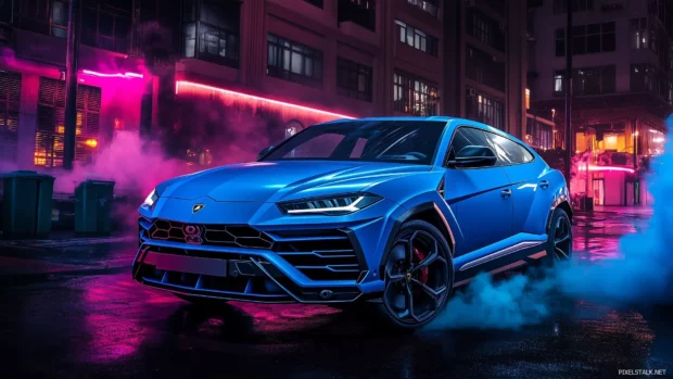 A Lamborghini Urus glowing under a neon lit cityscape, with swirling smoke and bursts of blue fire highlighting its contours.